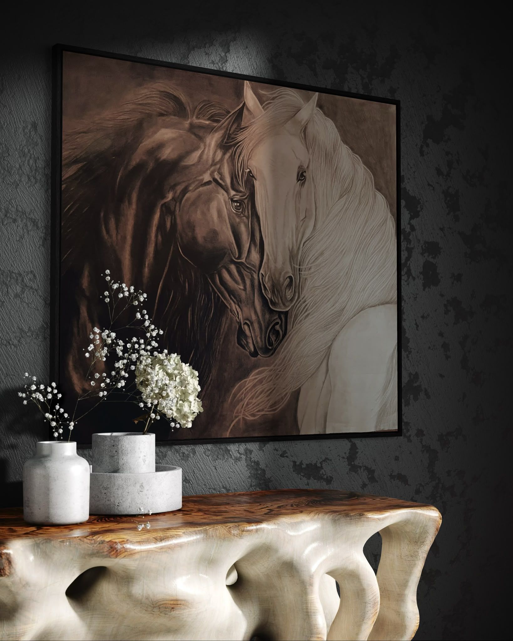Oil painting of a white horse and a dark brown horse with flowing manes, painted by Ana Kovač